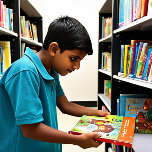 Home 15 **A friendly Reading Guidance Counselor in a library, helping a young Indian boy select a book from a shelf filled with colorful children's books.** (Focus: Reading Guidance Counselor, children's books, Indian boy, library)
