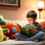 **

A cozy reading nook in a home, with pillows, blankets, and a child happily reading a book about dinosaurs. Soft, warm lighting. The child is surrounded by a few favorite toys.

**