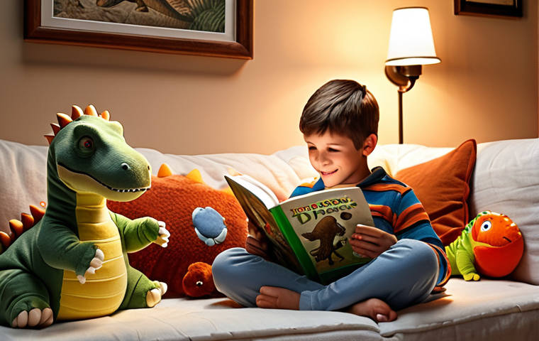 **

A cozy reading nook in a home, with pillows, blankets, and a child happily reading a book about dinosaurs. Soft, warm lighting. The child is surrounded by a few favorite toys.

**