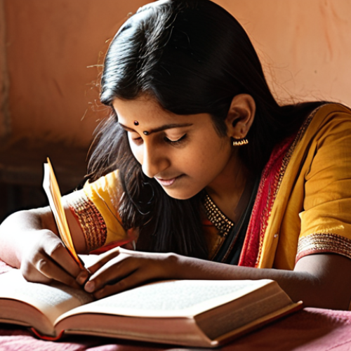 Home 7 **Prompt 1: Individualized Reading Guidance**
A compassionate female reading instructor gently guiding a young Indian child, possibly with dyslexia, through a book in a warm, inviting setting. The scene emphasizes a deep, empathetic connection between the teacher and the child, highlighting personalized attention. The child's eyes reflect a spark of understanding and curiosity as they engage with the text. Soft, natural lighting illuminates the intimate interaction. Subtle hints of traditional Indian elements can be incorporated into the background or subtle clothing details, creating an authentic and nurturing atmosphere.
