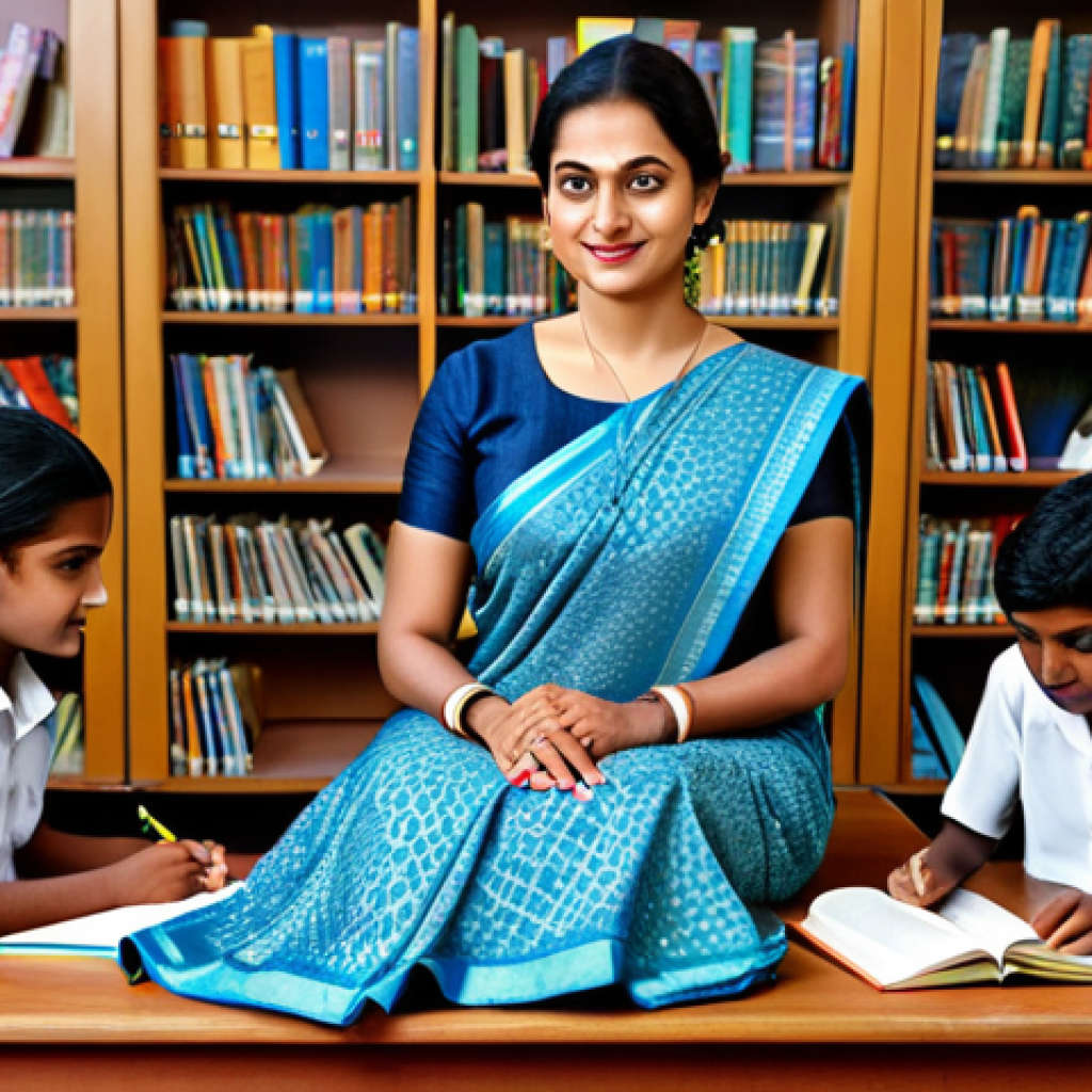 **
"A female teacher, fully clothed in a modest saree, sits at a desk in a school library, surrounded by children reading books, appropriate attire, safe for work, perfect anatomy, natural proportions, family-friendly, professional educational illustration, high quality."
**