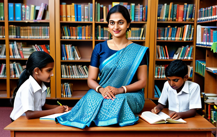 **

"A female teacher, fully clothed in a modest saree, sits at a desk in a school library, surrounded by children reading books, appropriate attire, safe for work, perfect anatomy, natural proportions, family-friendly, professional educational illustration, high quality."

**