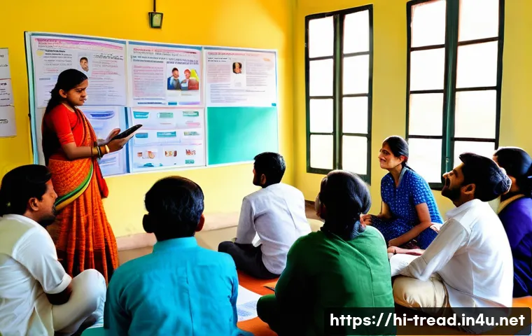 독서지도사 협회 정보 및 혜택 - A vibrant classroom scene set in India, featuring a diverse group of Hindi-speaking teachers engaged...