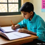 독서지도사 시험 준비 타임라인 - A focused young Indian student sitting at a study desk in a cozy room decorated with Hindi education...