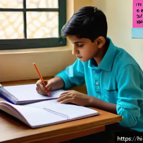 독서지도사 시험 준비 타임라인 - A focused young Indian student sitting at a study desk in a cozy room decorated with Hindi education...