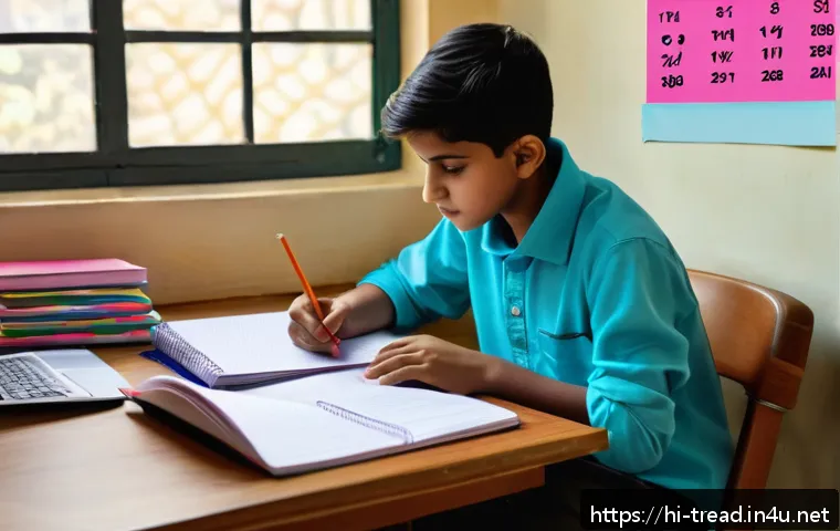 독서지도사 시험 준비 타임라인 - A focused young Indian student sitting at a study desk in a cozy room decorated with Hindi education...