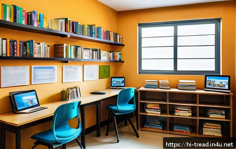 독서지도사 업무 환경 개선 - A cozy and well-organized reading instructor&rsquo;s workspace designed for Hindi-speaking educators, feat...