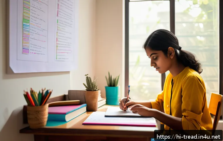 독서지도사 실무 사례 공유 - A focused Indian student studying at a tidy desk in a quiet, well-lit room with natural sunlight str...