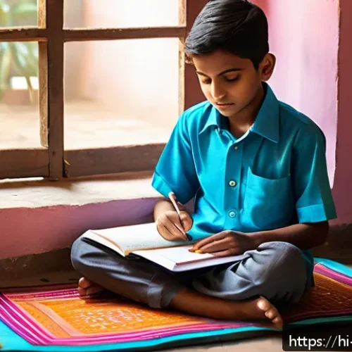 독서지도사와 문해력 향상 전략 - A focused Indian student studying in a quiet, well-lit corner of a traditional home, sitting cross-l...