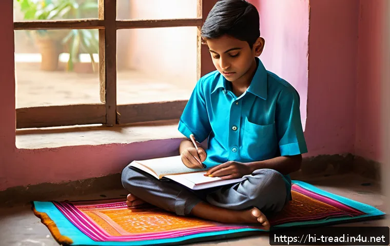 독서지도사와 문해력 향상 전략 - A focused Indian student studying in a quiet, well-lit corner of a traditional home, sitting cross-l...